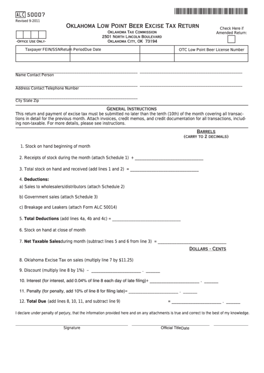 Fillable Form Alc 50007 - Low Point Beer Excise Tax Return Printable pdf