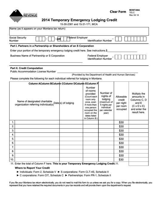 Fillable Form Telc - Temporary Emergency Lodging Credit - 2014 Printable pdf