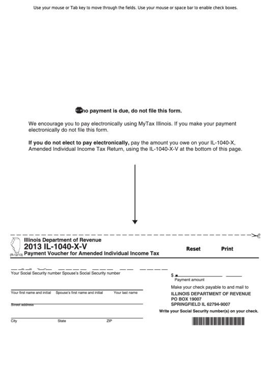 Fillable Form Il-1040-X-V - Payment Voucher For Amended Individual Income Tax - 2013 Printable pdf