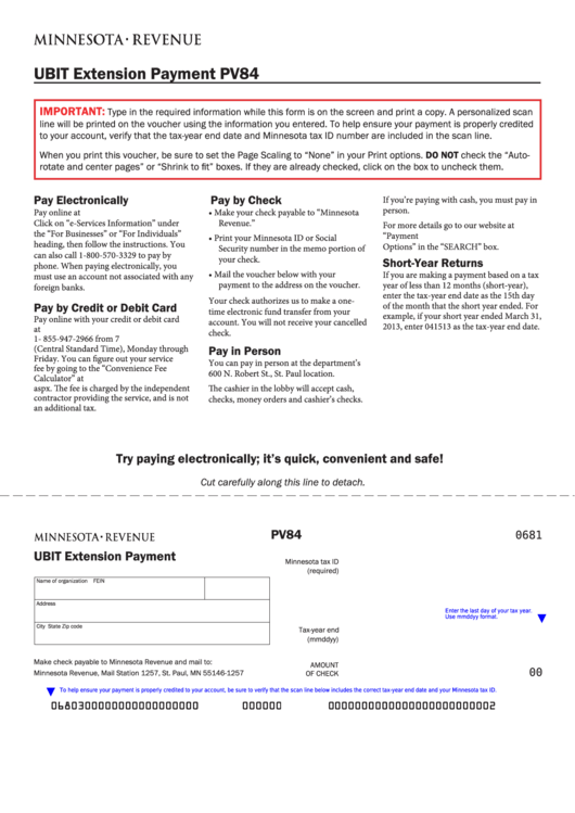 Fillable Form Pv84 - Ubit Extension Payment Printable pdf
