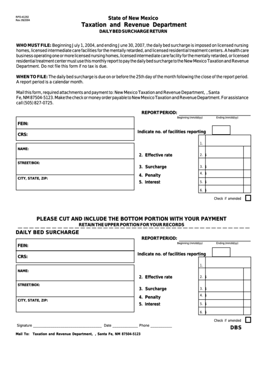 Fillable Form Rpd-41292 - Daily Bed Surcharge Return - New Mexico Taxation And Revenue Department Printable pdf