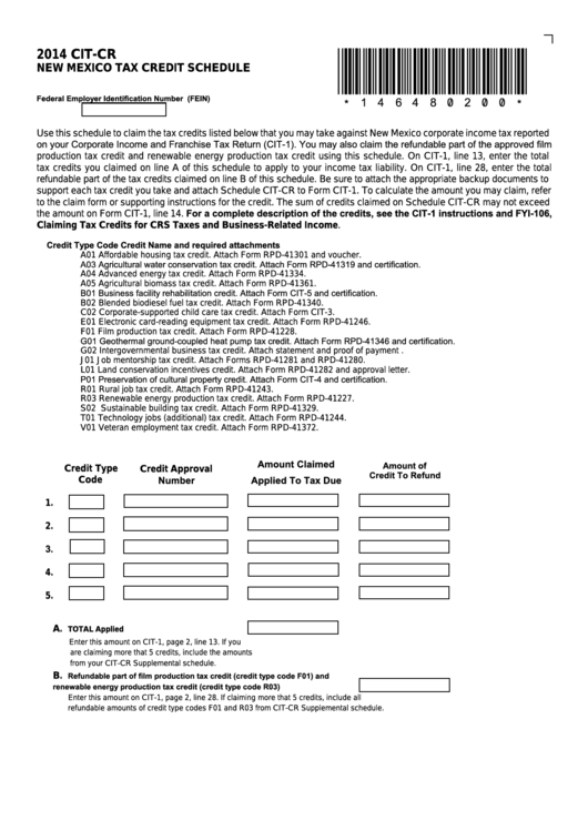 Form Cit-Cr - New Mexico Tax Credit Schedule - 2014 Printable pdf