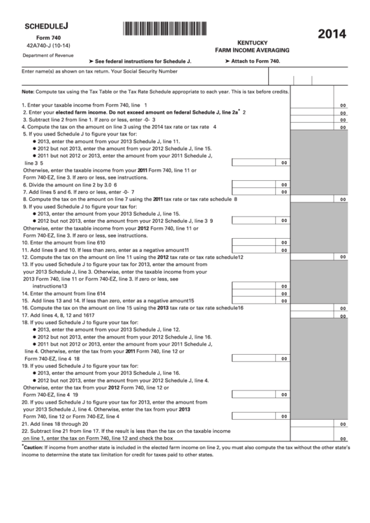 Fillable Schedule J (Form 740) - Kentucky Farm Income Averaging - 2014 Printable pdf