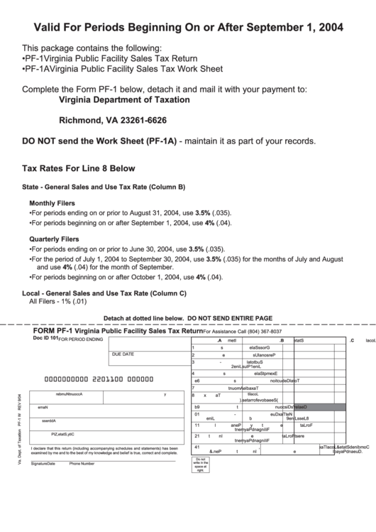 Form Pf-1 & Form Pf-1a - Virginia Public Facility Sales Tax Return, Virginia Public Facility Sales Tax Work Sheet - 2004 Printable pdf