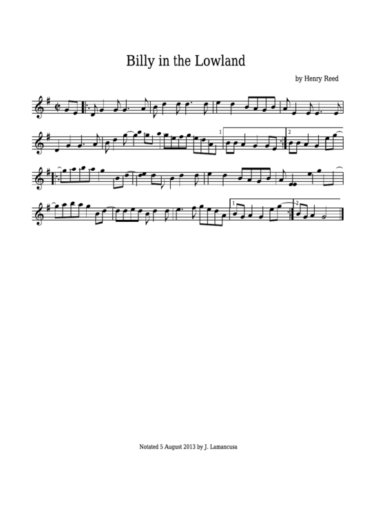 Henry Reed - Billy In The Lowland Sheet Music Printable pdf