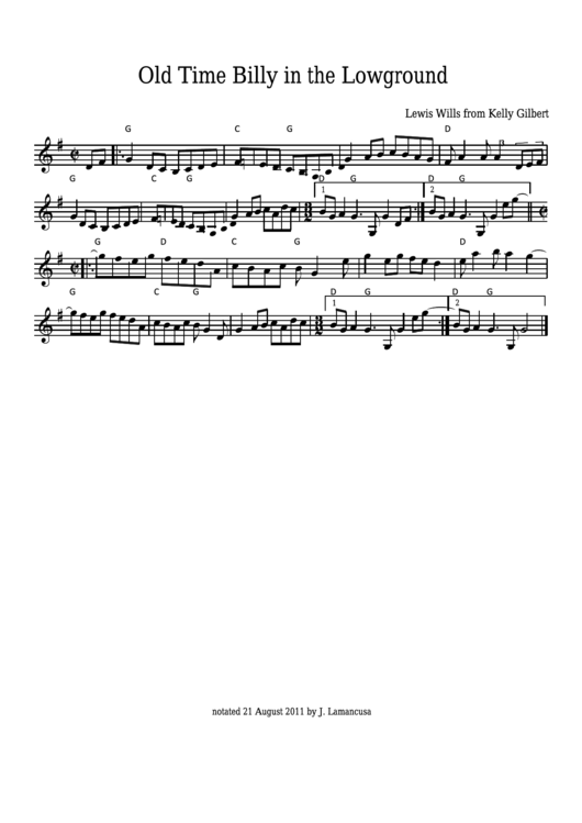 Kelly Gilbert - Old Time Billy In The Lowground Sheet Music Printable pdf