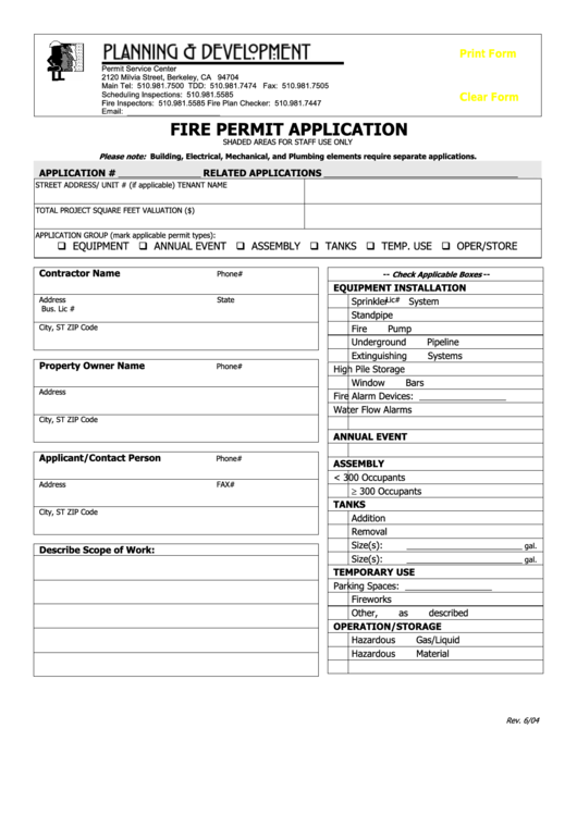 Fillable Fire Permit Application - California Planning Development Printable pdf