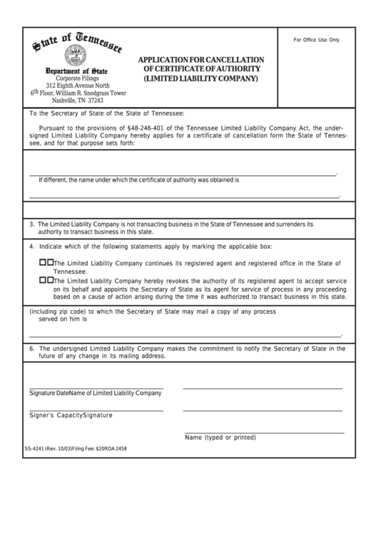 Fillable Form Ss-4241 - Llc - Application For Cancellation Of Certificate Of Authority - State Of Tennessee Printable pdf