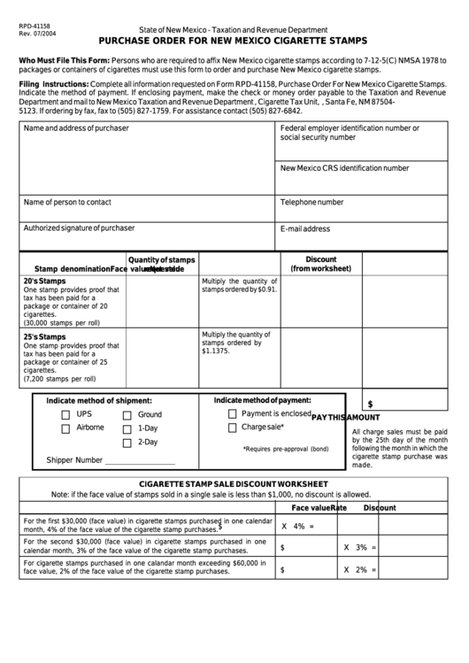 Form Rpd-41158 - Purchase Order For New Mexico Cigarette Stamps - Taxation And Revenue Department Printable pdf