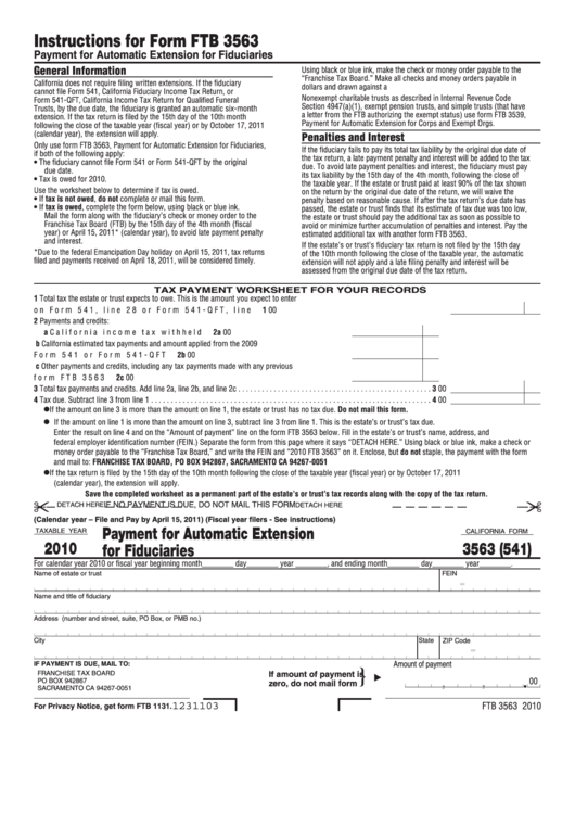 California Form 3563 (541) - Payment For Automatic Extension For Fiduciaries - 2010 Printable pdf
