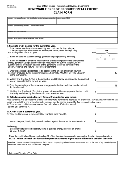 Form Rpd-41227 - Renewable Energy Production Tax Credit Claim Form Printable pdf