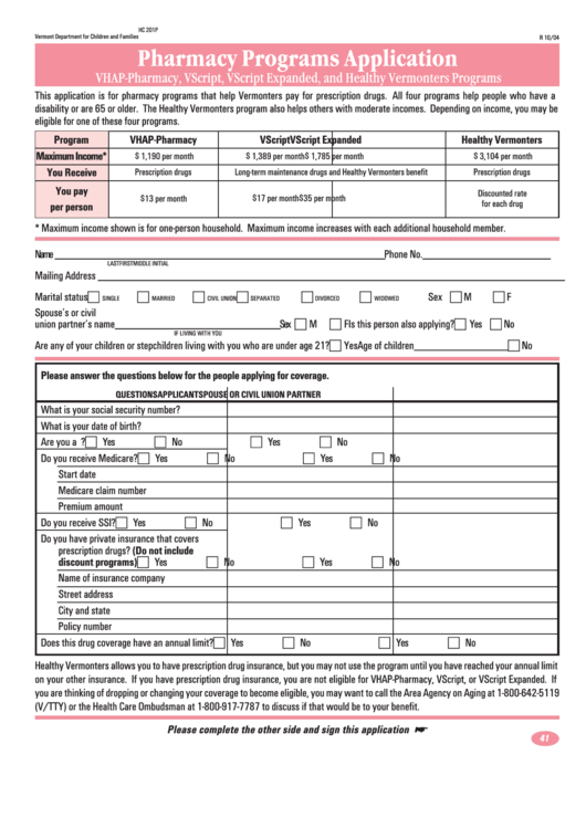 Form Hc 201p - Pharmacy Programs Application - Vermont Department For Children And Families Printable pdf