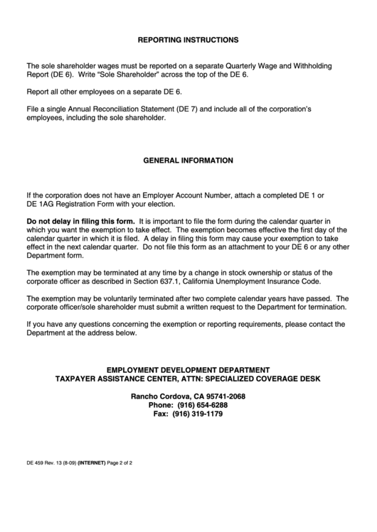Instructions For Form De 459 - Sole Shareholder/corporate Officer Exclusion Statement Printable pdf