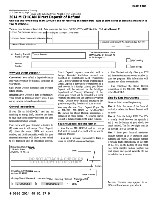 Fillable Form 3174 - Michigan Direct Deposit Of Refund - 2014 Printable pdf