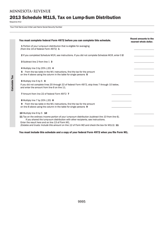 Fillable Schedule M1ls - Tax On Lump-Sum Distribution - 2013 Printable pdf