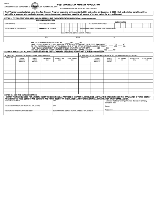 Form # - West Virginia Tax Amnesty Application Printable pdf