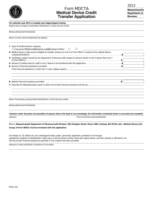 Form Mdcta - Medical Device Credit Transfer Application - 2013 Printable pdf