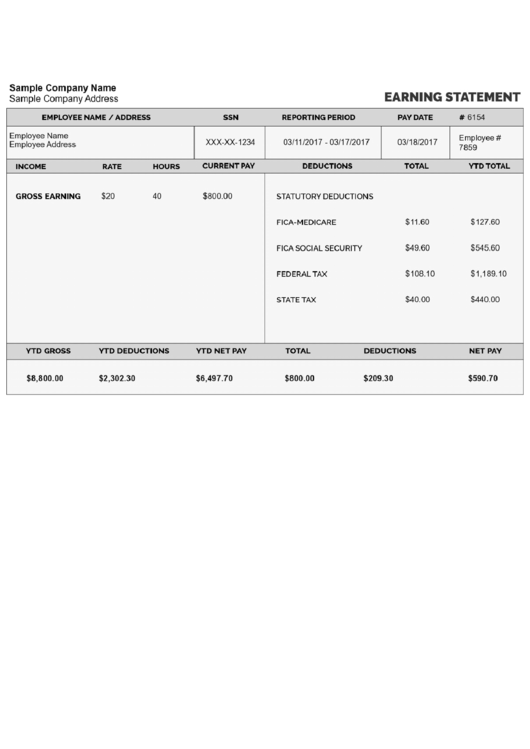 Sample Earning Statement Printable Pdf Download
