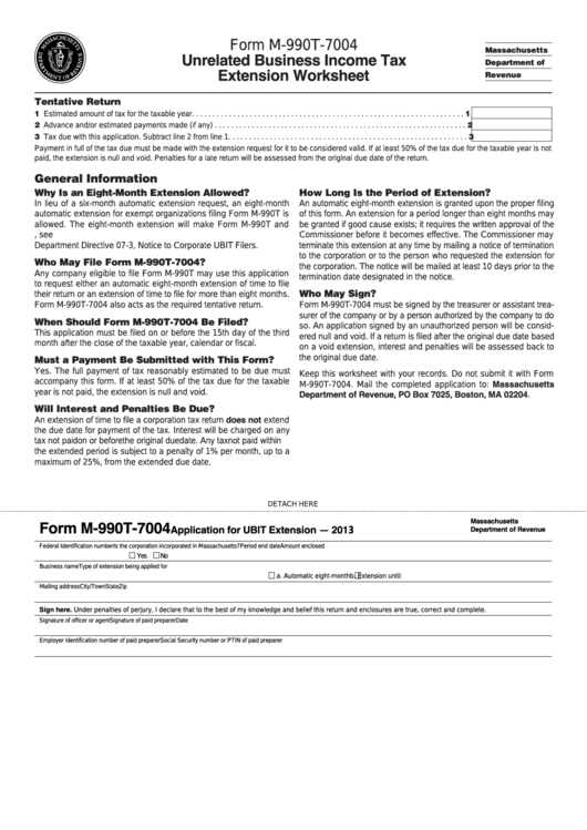 Fillable Form M-990t-7004 - Unrelated Business Income Tax Extension Worksheet Printable pdf
