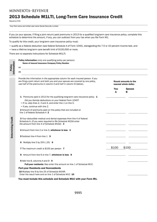 Fillable Schedule M1lti - Long-Term Care Insurance Credit - 2013 Printable pdf