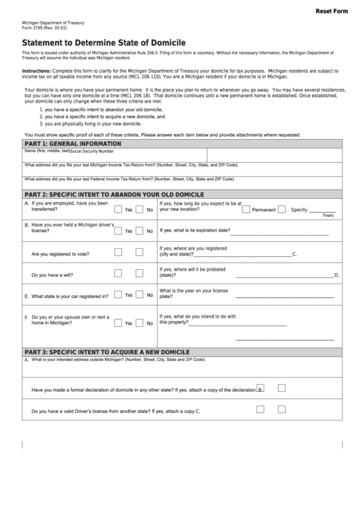 Fillable Form 3799 - Statement To Determine State Of Domicile Printable pdf