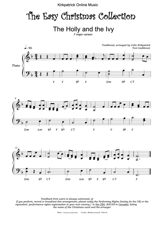 The Holly And The Ivy Sheet Music - F Major Version Printable pdf