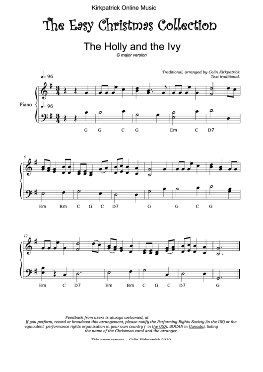 The Holly And The Ivy Sheet Music - G Major Version Printable pdf
