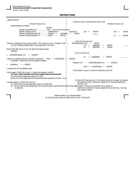 Instructions For Form K-Cns 111 - Employer Adjustment To Quarterly Wage Report - Kansas Department Of Labor Printable pdf