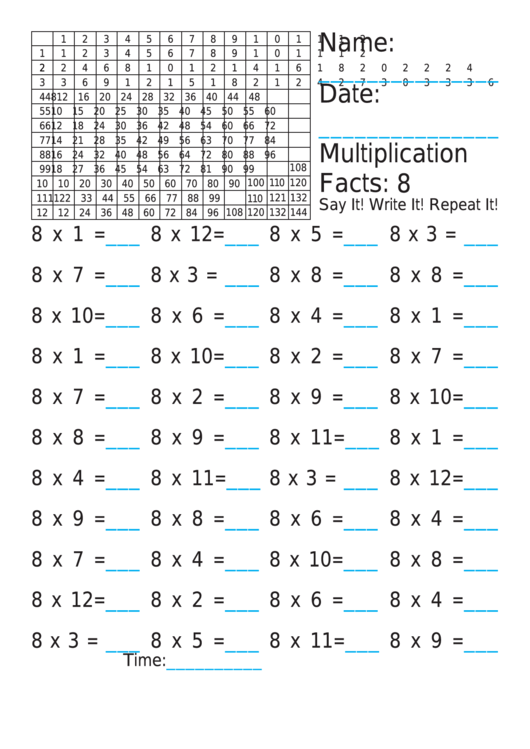 Multiplication 8x Worksheet Printable pdf