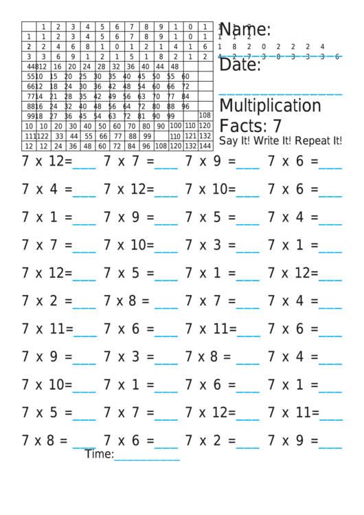 Multiplication 7x Worksheet Printable pdf