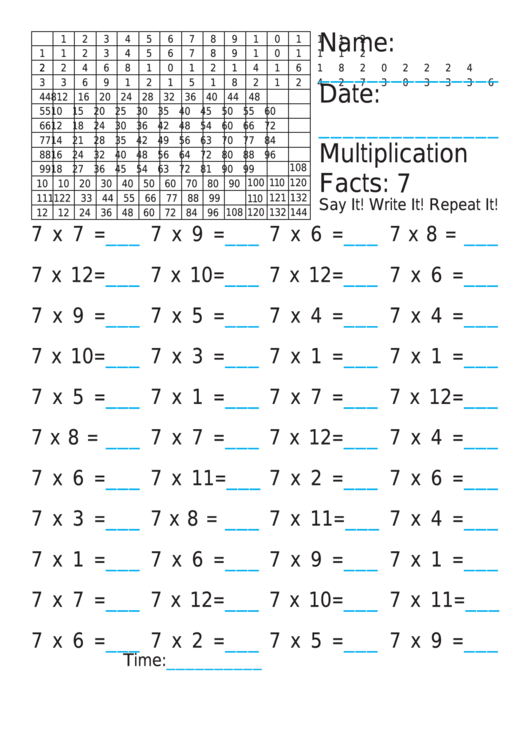 Multiplication 7x Worksheet Printable pdf