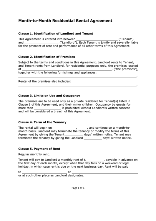 Month-To-Month Residential Rental Agreement Form Printable pdf