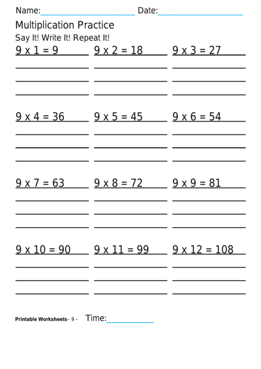 Multiplication Practice 9x Worksheet With Answers Printable pdf