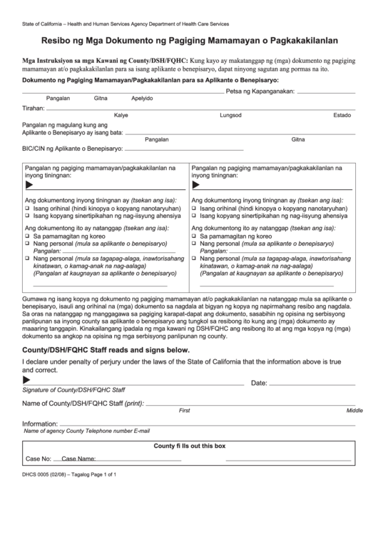 Form Dhcs 0005 - California Receipt Of Citizenship Or Identity Documents (Tagalog) - Health And Human Services Agency Printable pdf