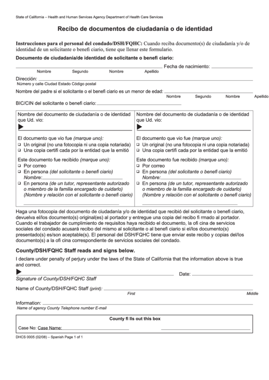 Form Dhcs 0005 - California Receipt Of Citizenship Or Identity Documents (Spanish) - Health And Human Services Agency Printable pdf