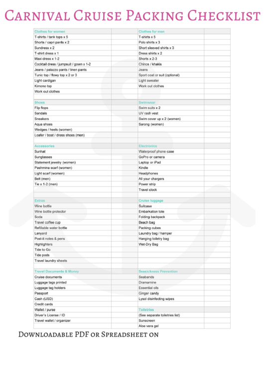 Carnival Cruise Packing Checklist Printable pdf