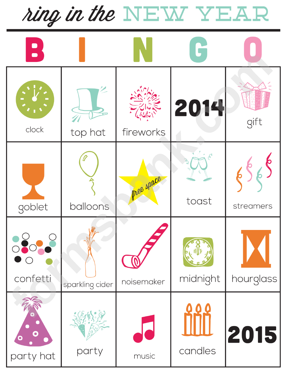 Ring In The New Year Color Bingo Cards Template - 2014-2015