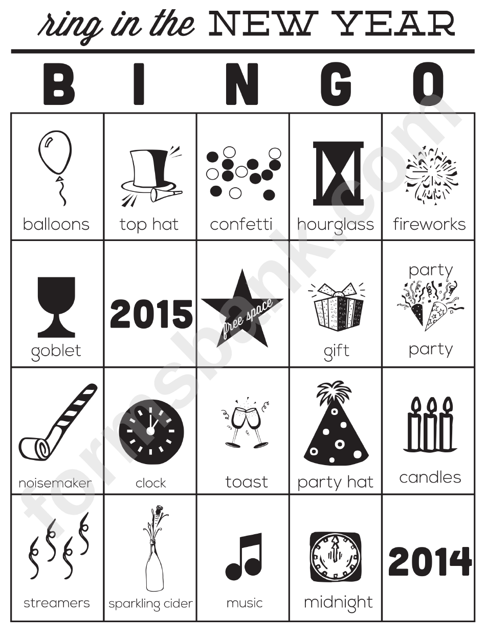 Ring In The New Year Black And White Bingo Cards Template - 2014-2015