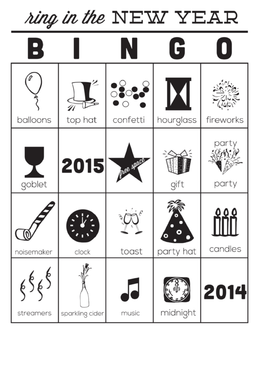 Ring In The New Year Black And White Bingo Cards Template - 2014-2015 Printable pdf