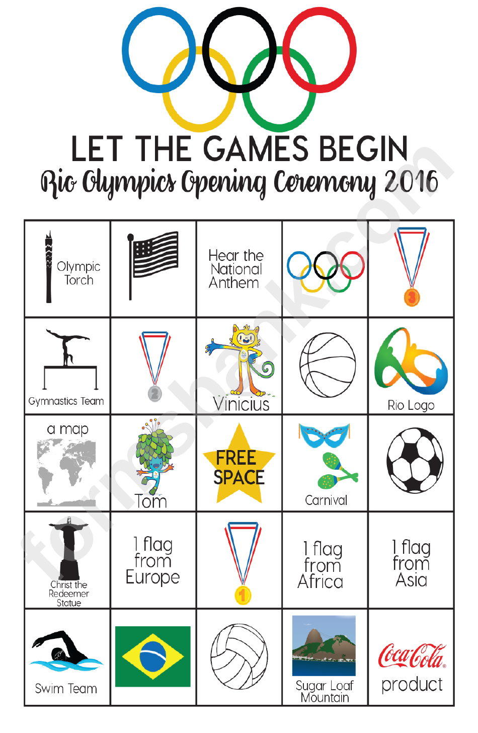 Rio Olympic Opening Ceremony 2016 Bingo Template