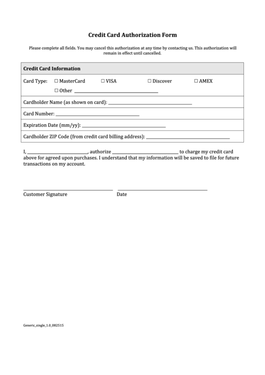 Credit Card Authorization Form Printable pdf