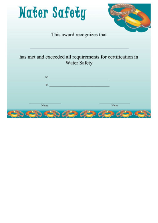 Water Safety Certificate Template Printable pdf