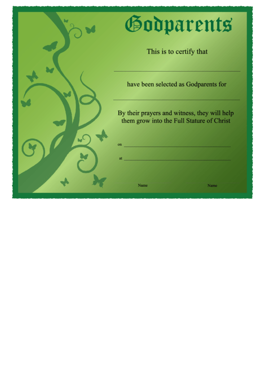 Godparent Certificate Template - Green Vine Printable pdf