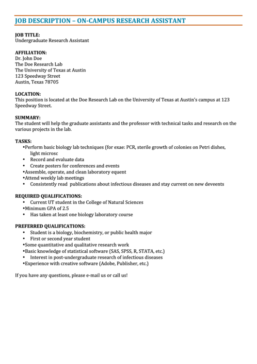 On Campus Research Assistant Job Description Printable pdf