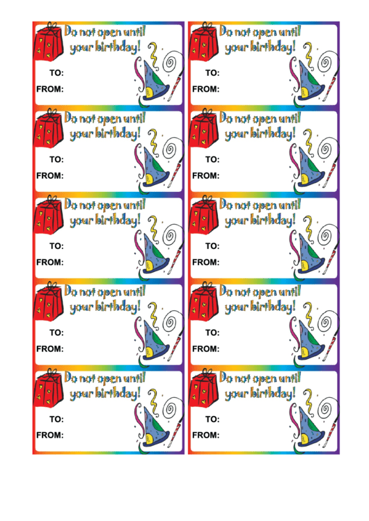Gift Tag Template - Do Not Open Until Your Birthday Printable pdf