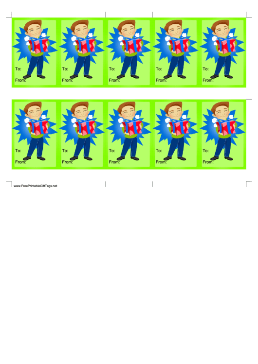 Boy With Present On Green Background Birthday Gift Tag Printable pdf