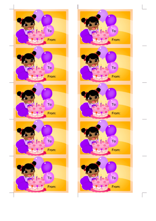 Birthday Girl With Cake Candles And Violet Balloons On Orange Background Gift Tag Template Printable pdf