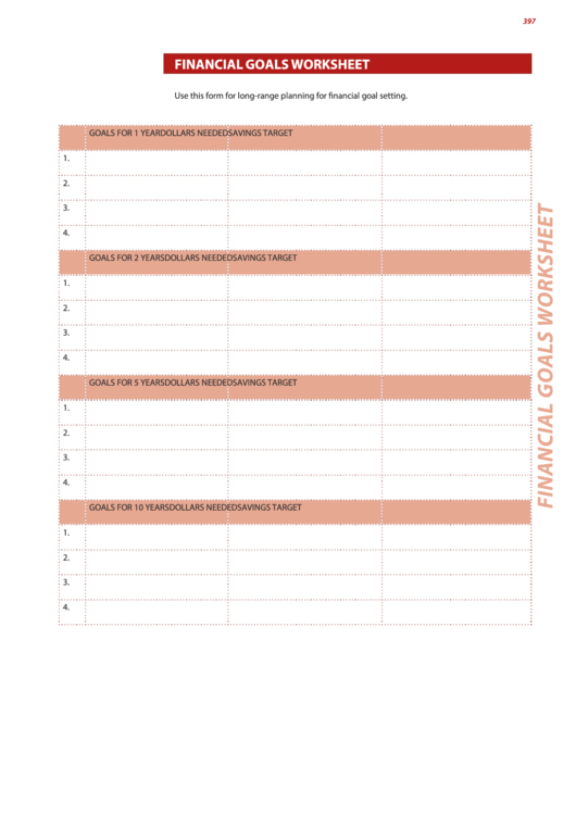 Financial Goals Worksheet Printable pdf