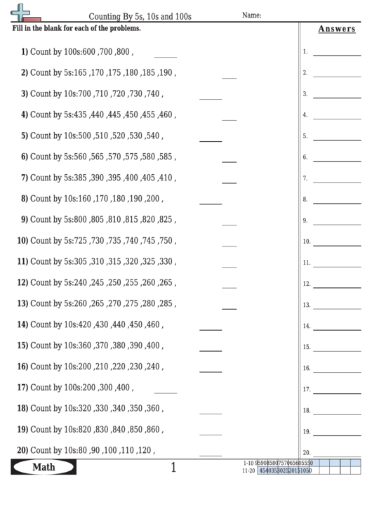 Counting By 5s, 10s And 100s Worksheet Template With Answer Key Printable pdf