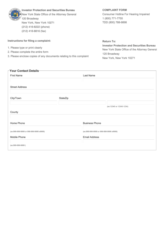 Form Ipb001 - Complaint Form - New York State Office Of The Attorney Genera Printable pdf